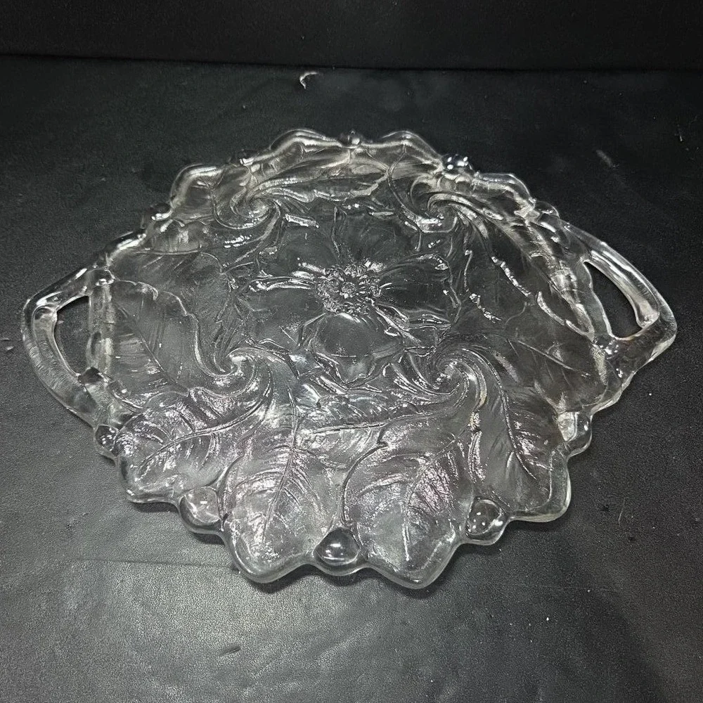 Indiana Glass‎ Handled Serving Tray, Vtg Embossed Wild Roses Design, Centerpiece